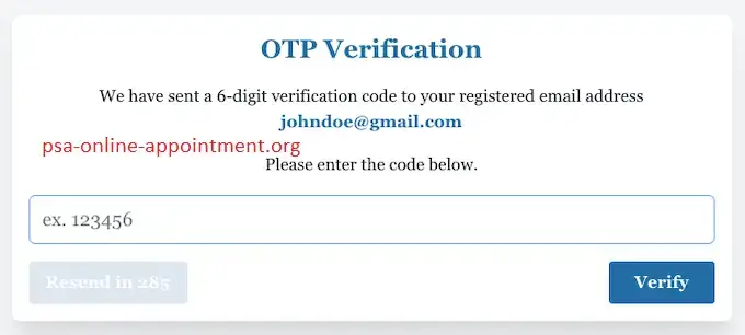PSA Appointment Online Enter and Verify the One-Time PIN