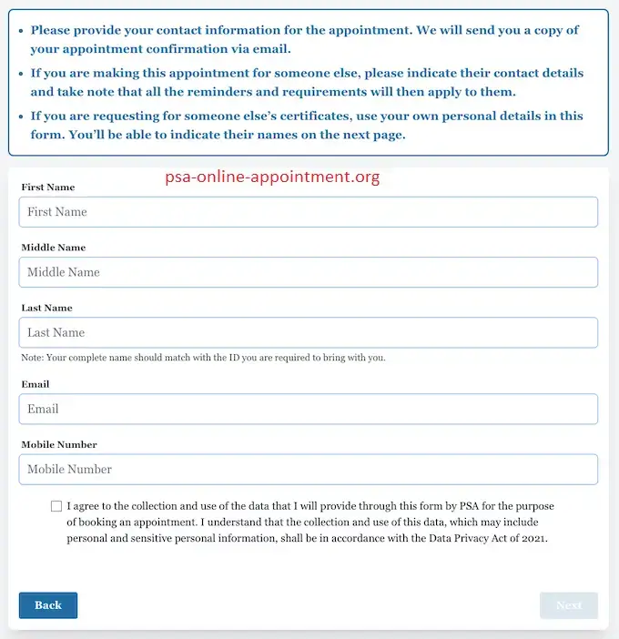 PSA Appointment Online Enter the Appointee or Requester’s Information
