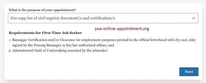 PSA Appointment Online Select Your Appointment Purpose and Correct PSA Outlet