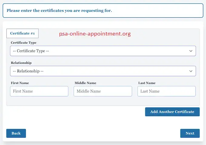 PSA Appointment Online Select the Document Type and Provide the Owner’s Details