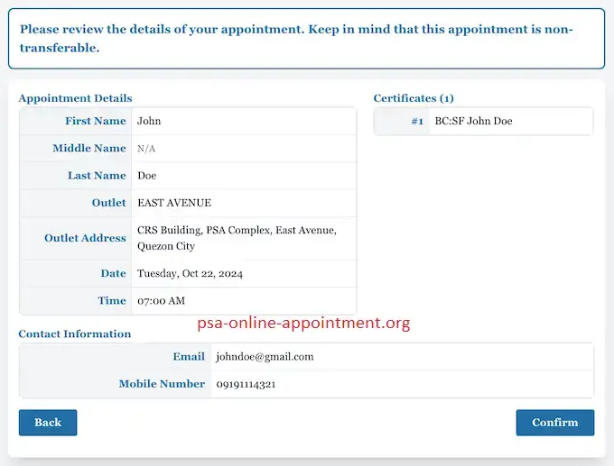 PSA Appointment Online Review, Confirm and Save Your Appointment Details